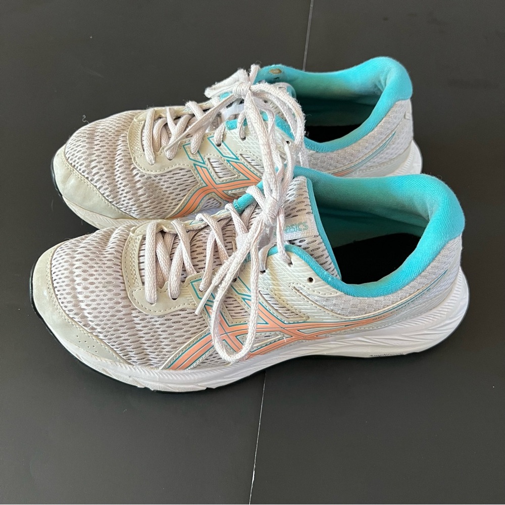ASICS Size 8.5 White Teal Blue Orange Tennis Shoes Gel Contend 6 Sneakers